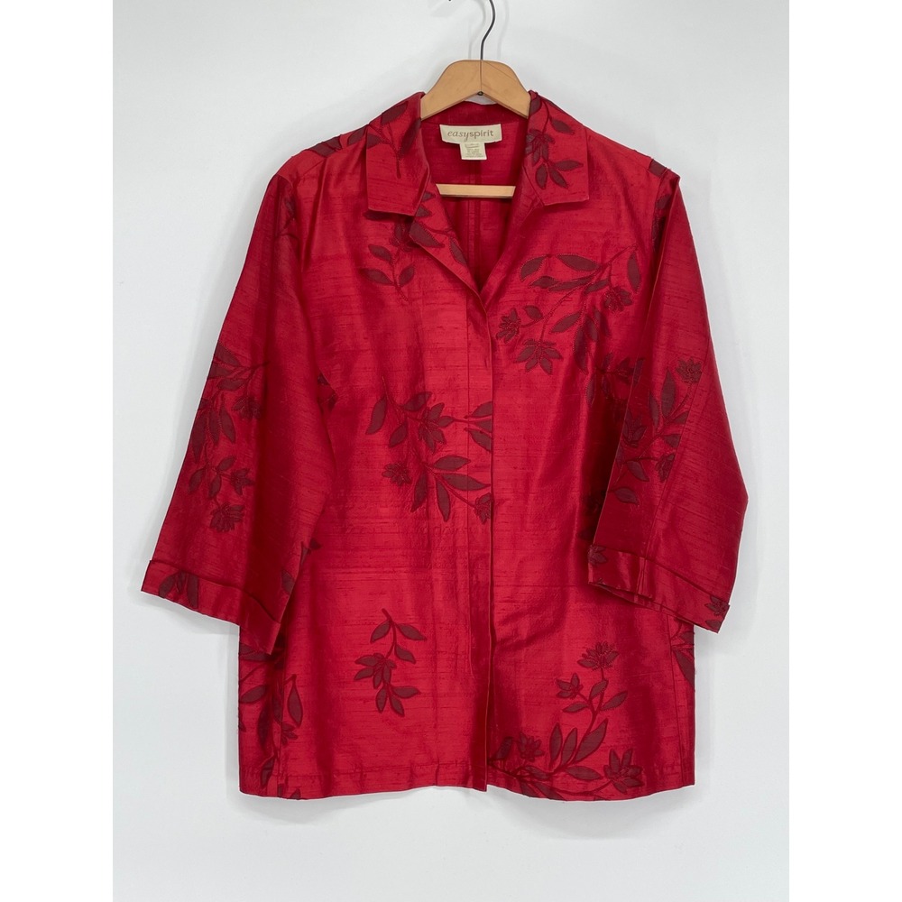 Easy Spirit Womens Blouse Plus Size 3 Button Up Red Silk Floral Embroidered‎